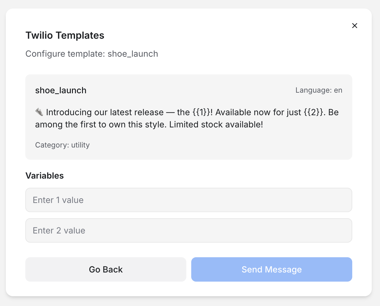 Selecting a Twilio content template in ChannelX
