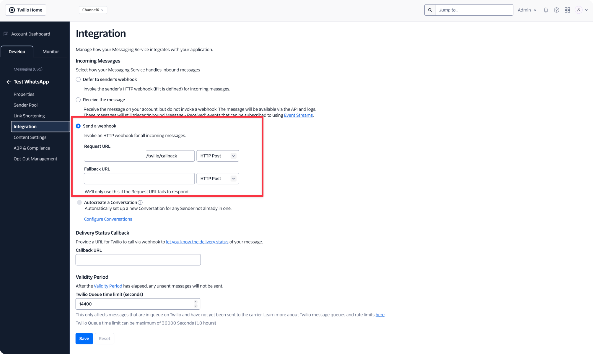 The Twilio dashboard integration settings