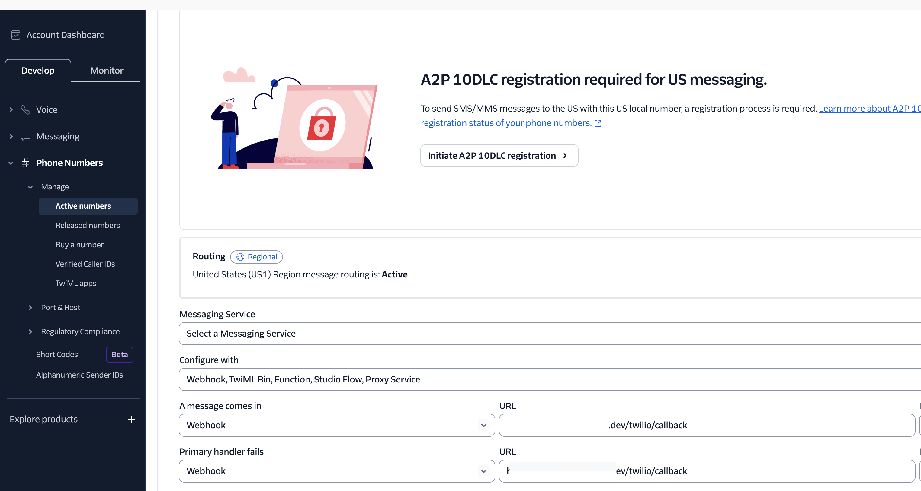 Configuring the webhook URL in the Twilio dashboard