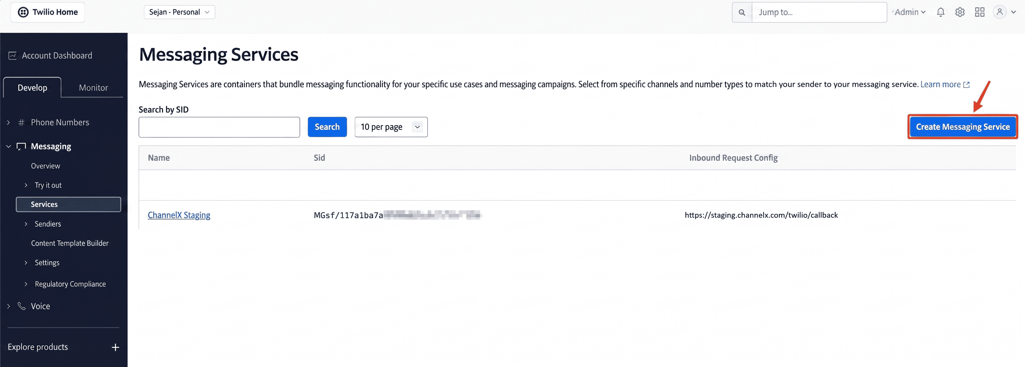 Setting up a Twilio messaging service in ChannelX