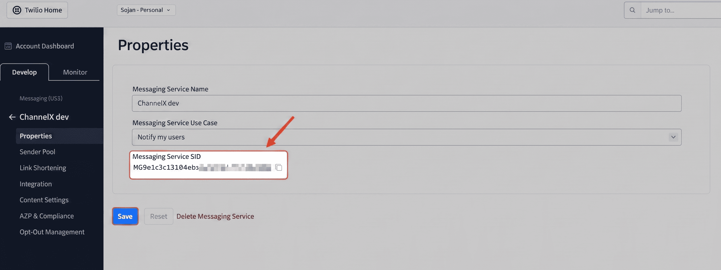 The Twilio messaging service ID field