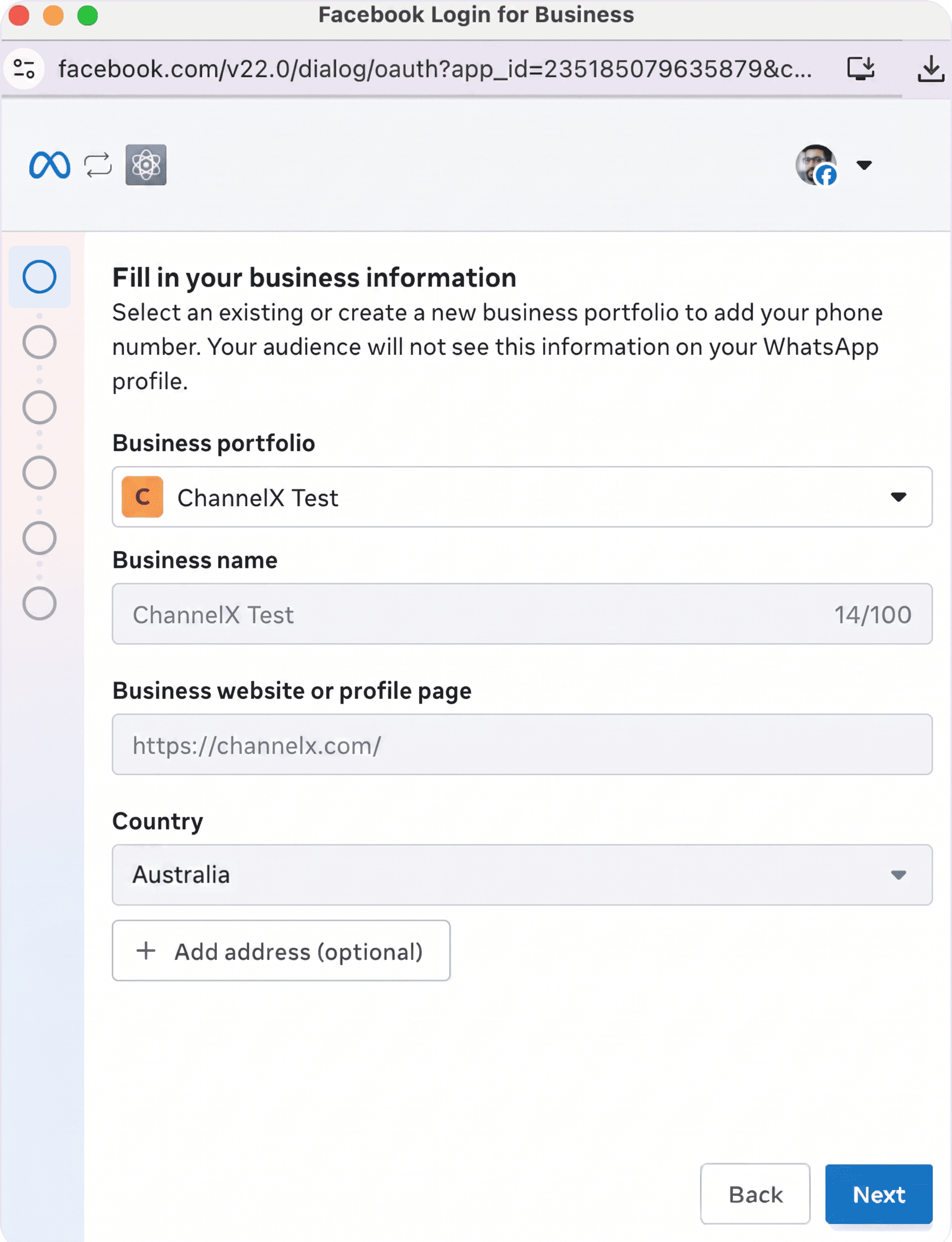 The Meta Business flow during embedded signup