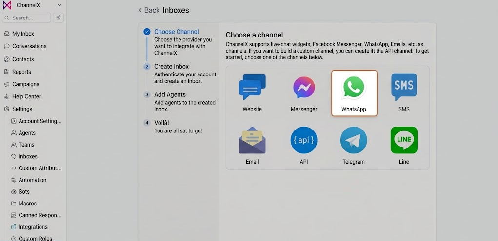 The WhatsApp inbox set up in ChannelX