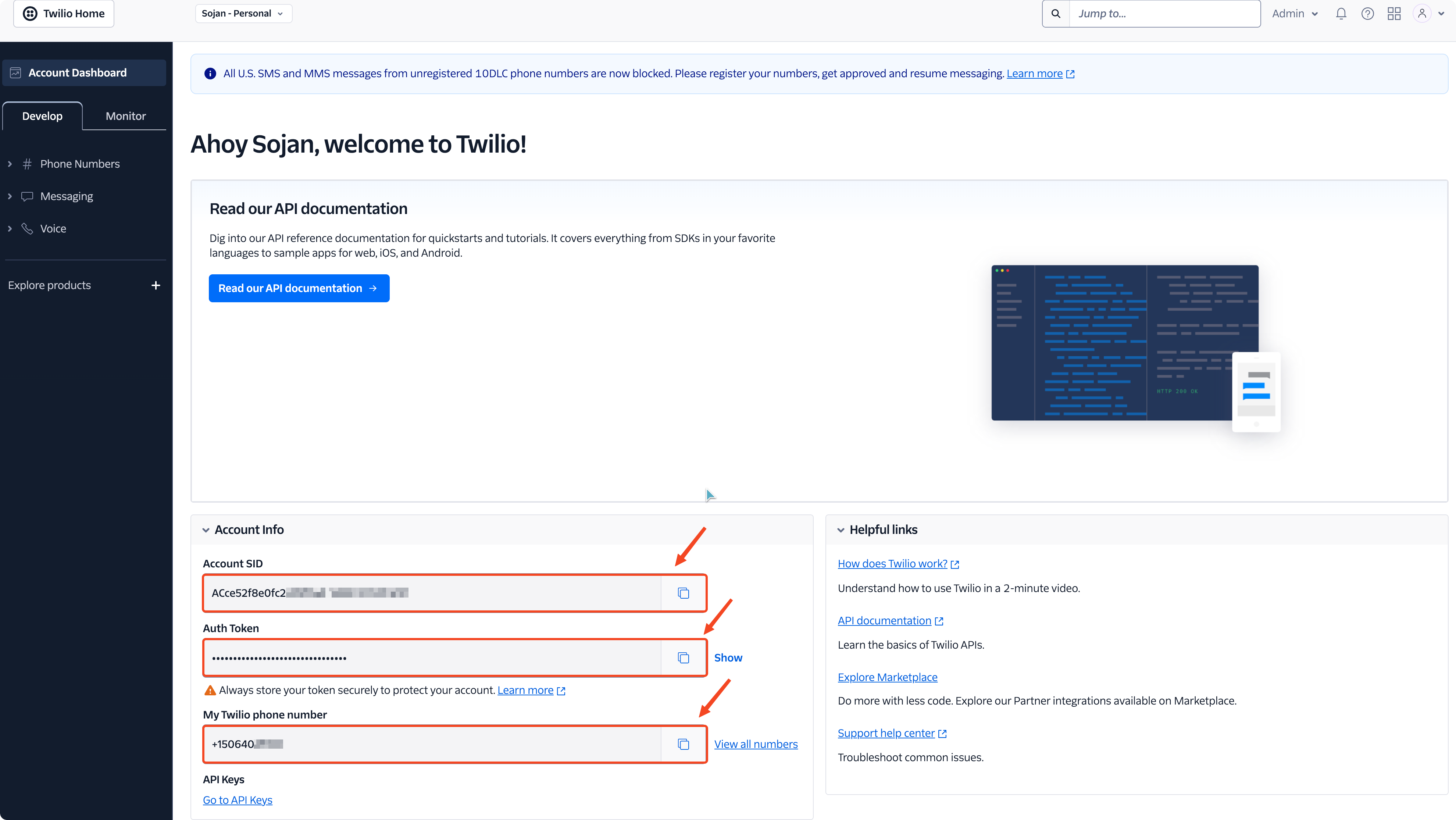 The Twilio Account SID, Auth Token, and phone number fields