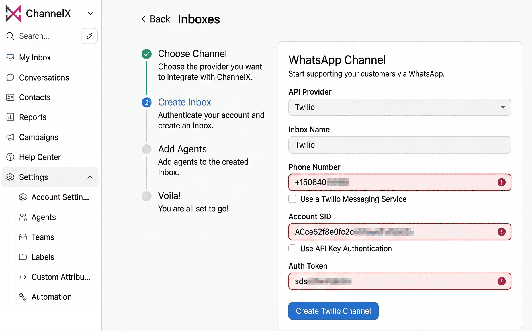 The Twilio SID, Auth Token, and phone number fields in ChannelX