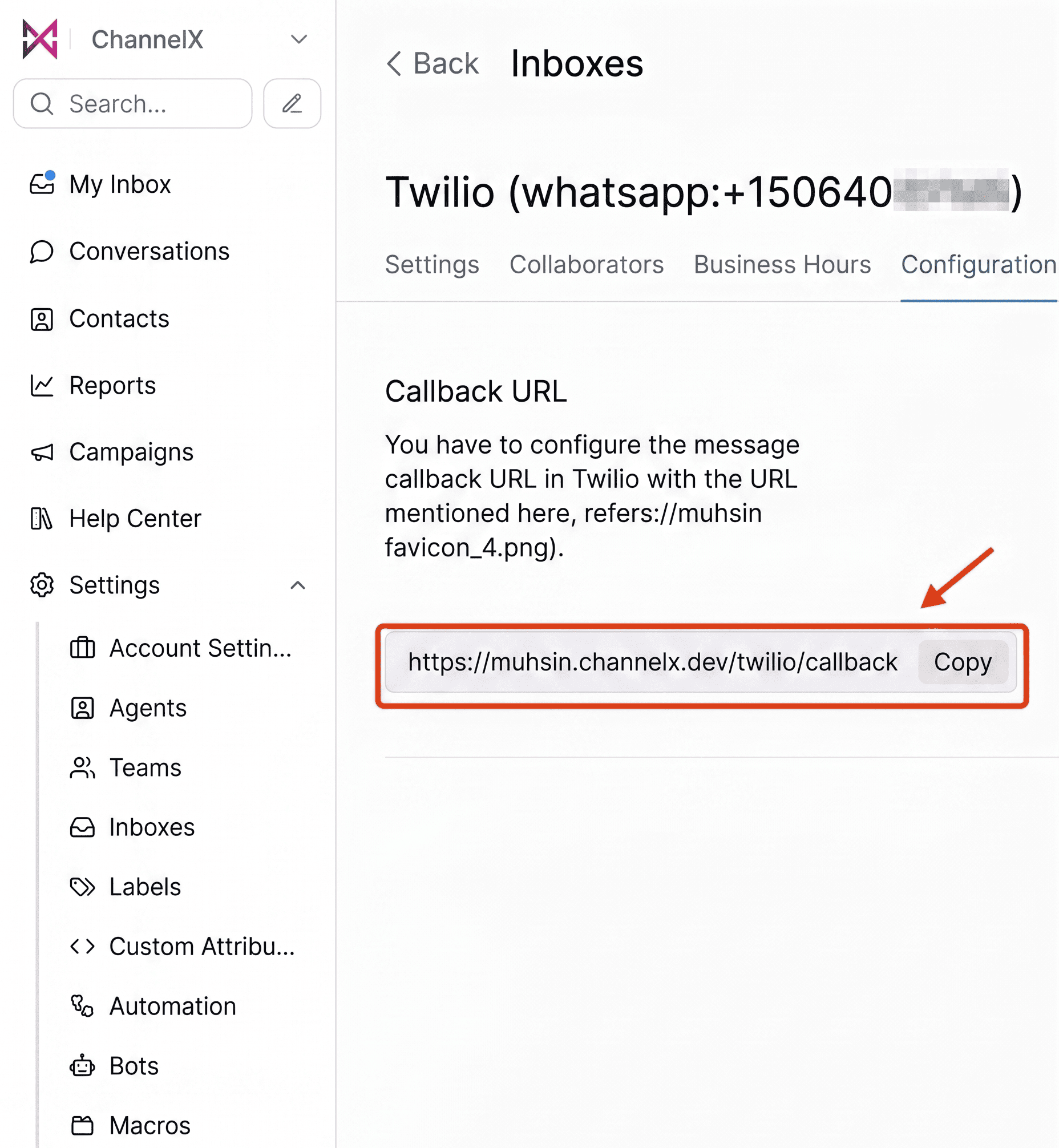 The ChannelX webhook URL for the Twilio WhatsApp inbox