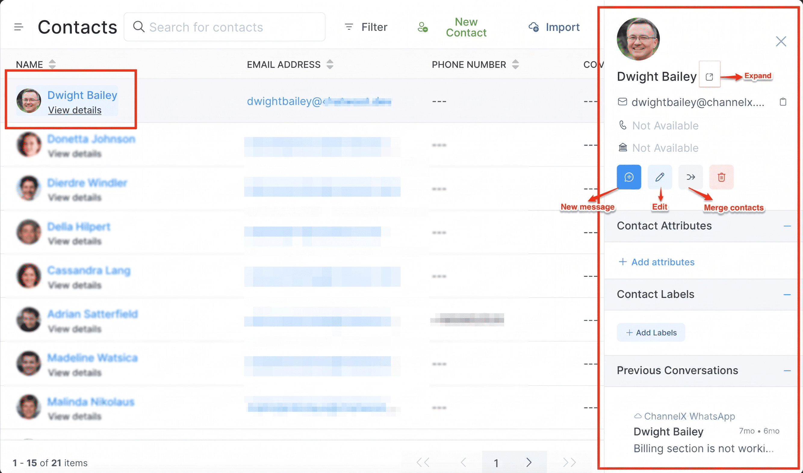 The available actions on a contact profile