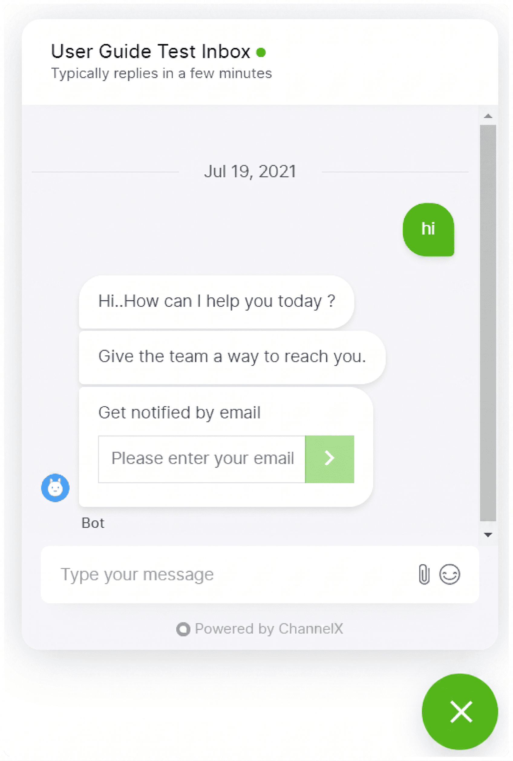 A channel greeting capturing a customer's email