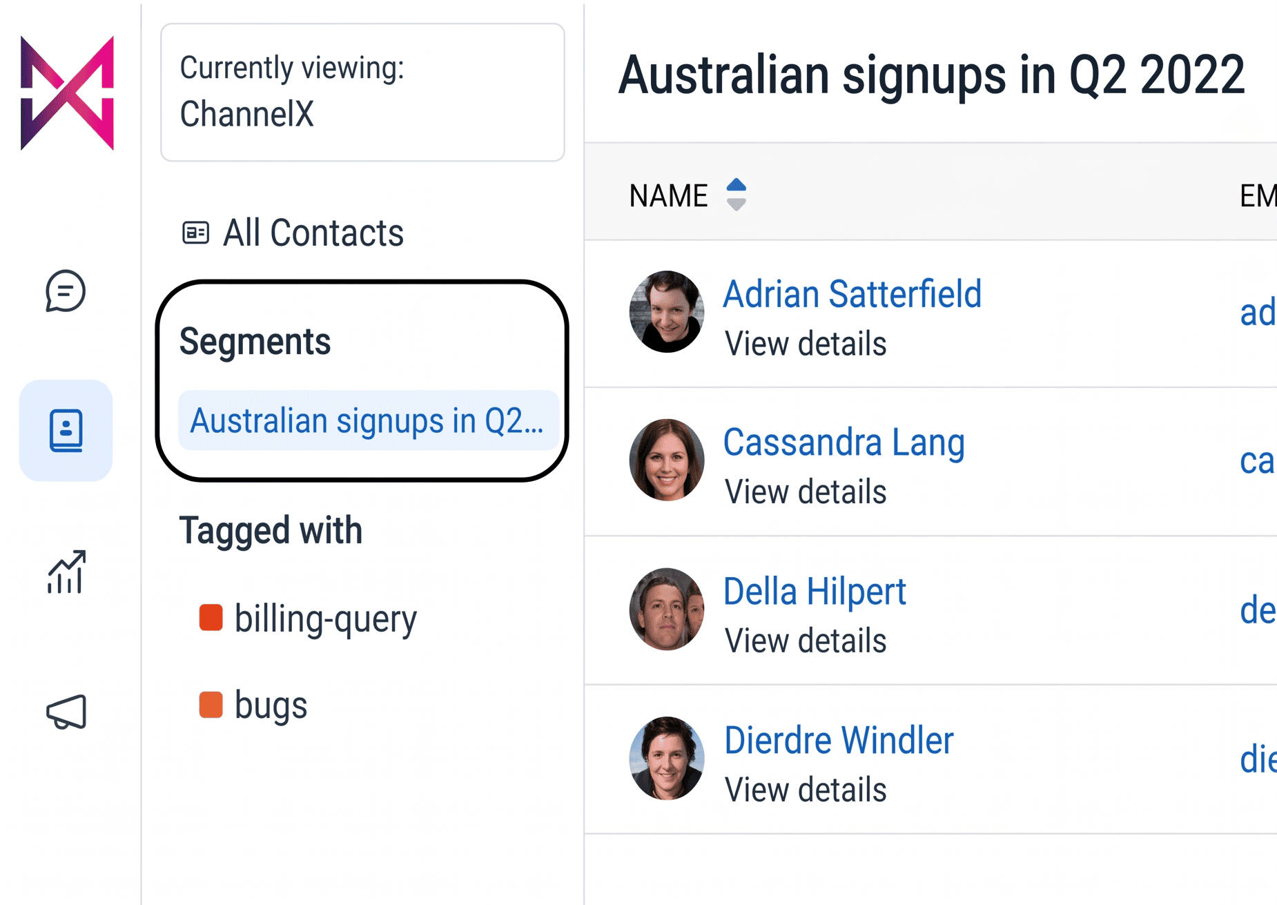 A saved contact segment in ChannelX