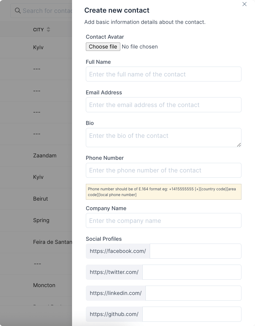 Contact details and actions in the sidebar
