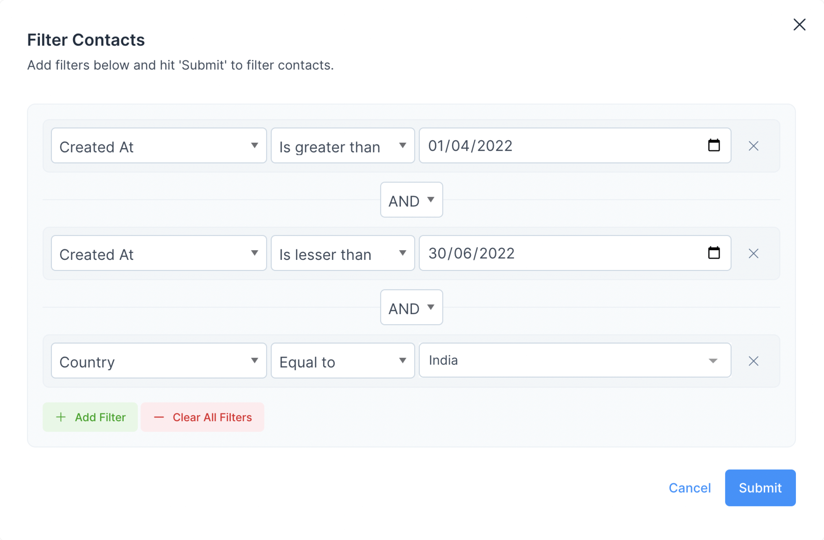 Contacts filtered by example criteria
