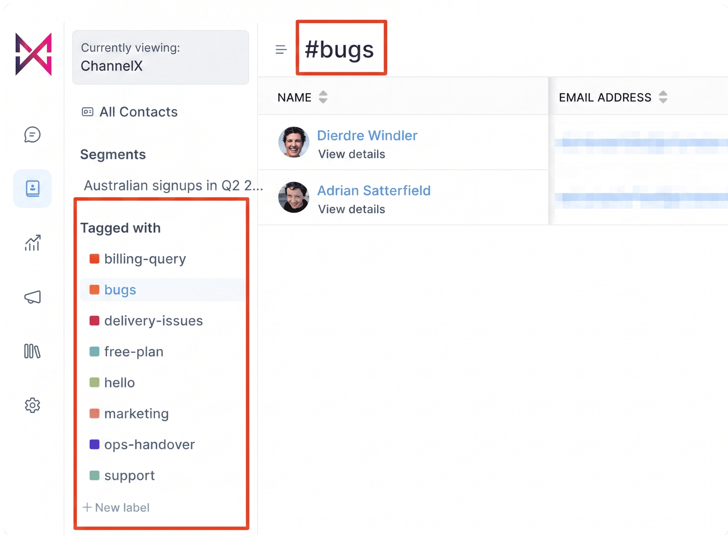 Contacts grouped by label in ChannelX