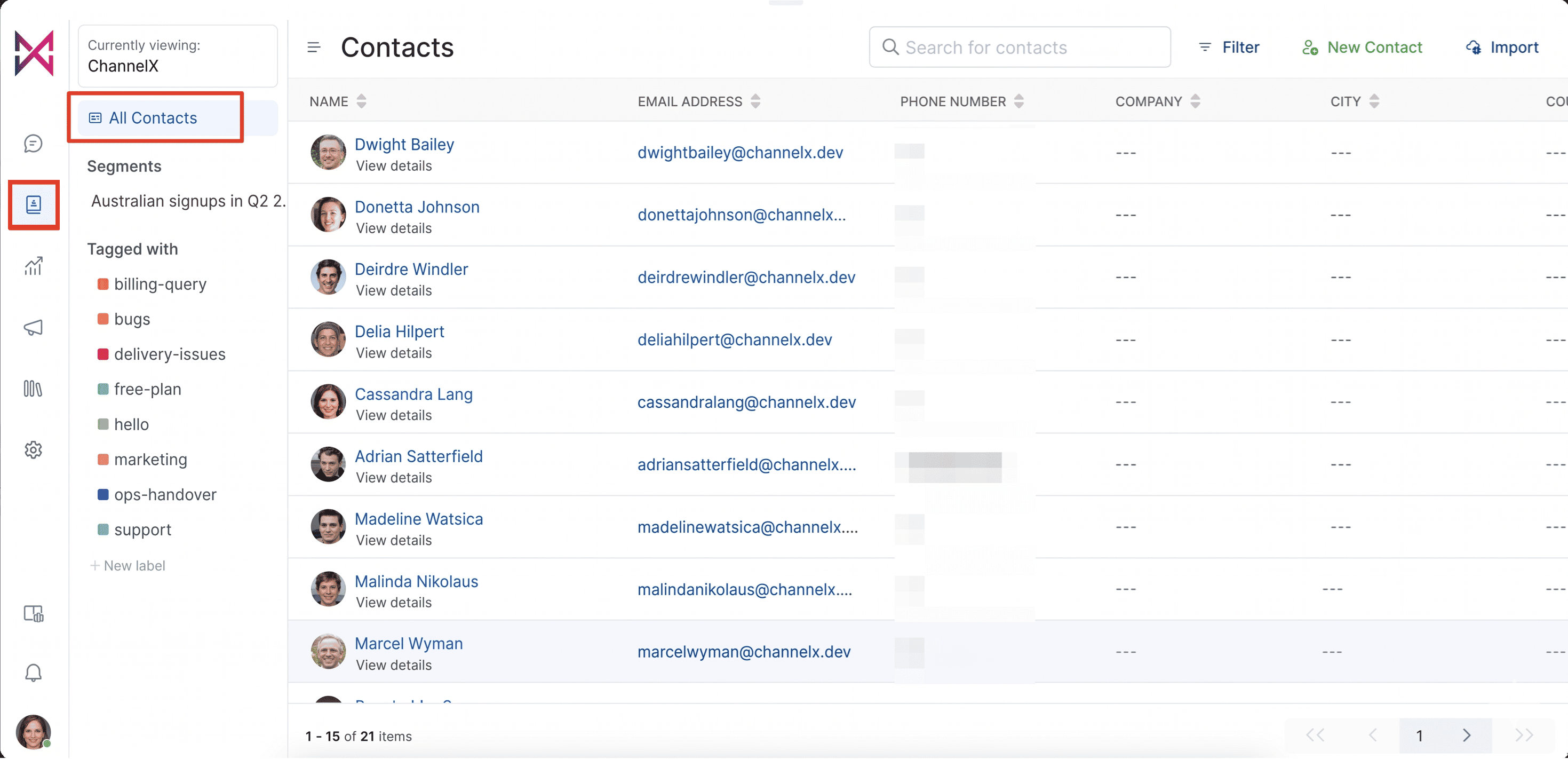 The Contacts screen in ChannelX
