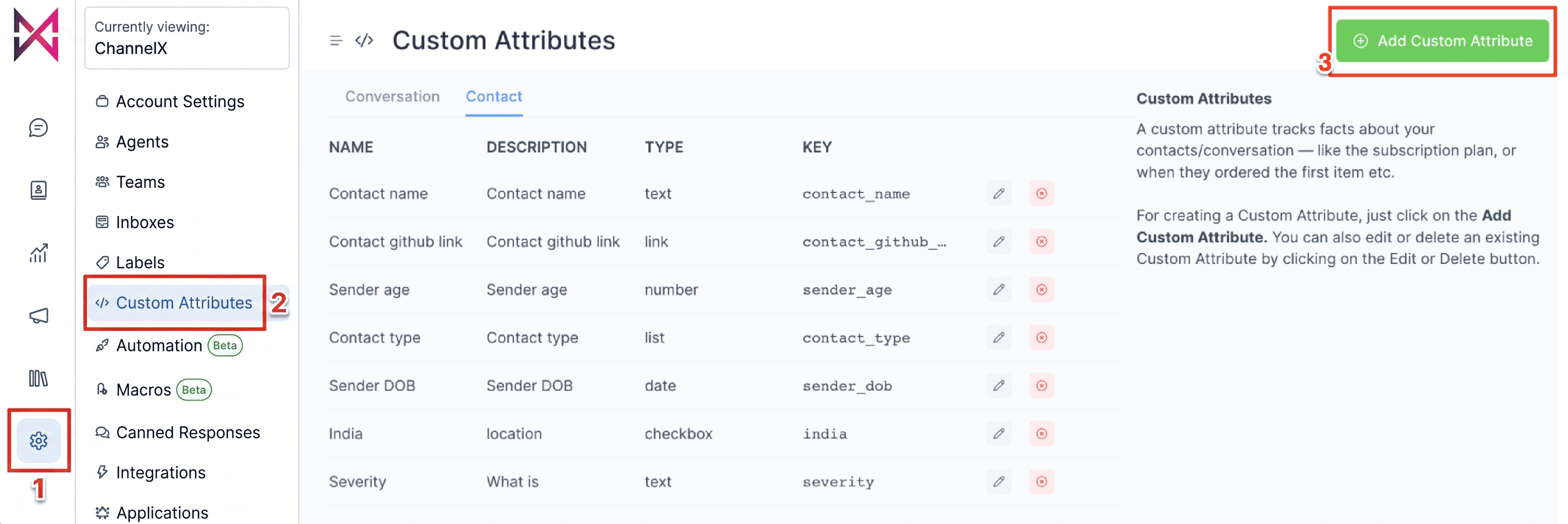 Custom attribute settings in ChannelX