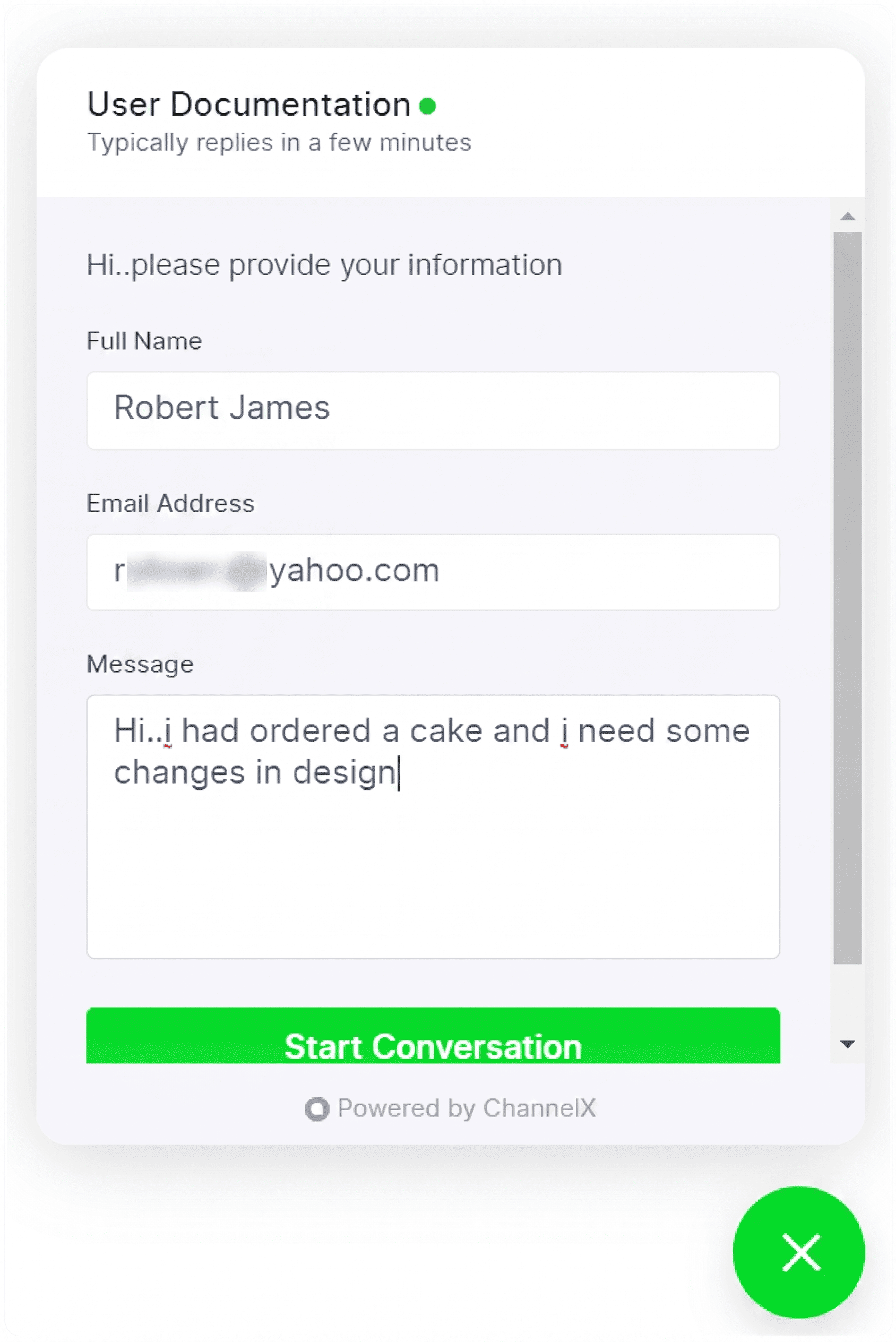 The pre-chat form collecting contact details