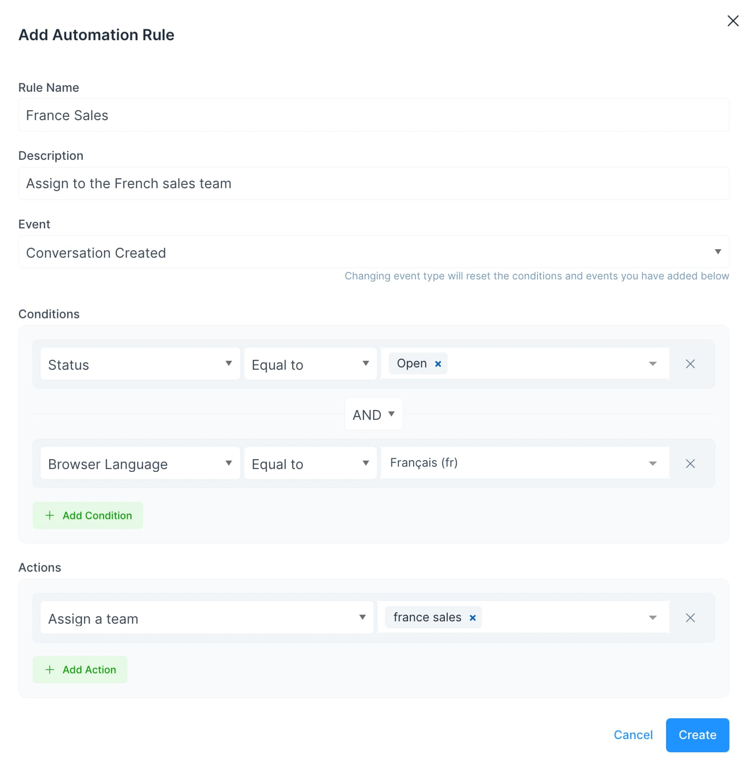 An automation rule configured with an example condition and action
