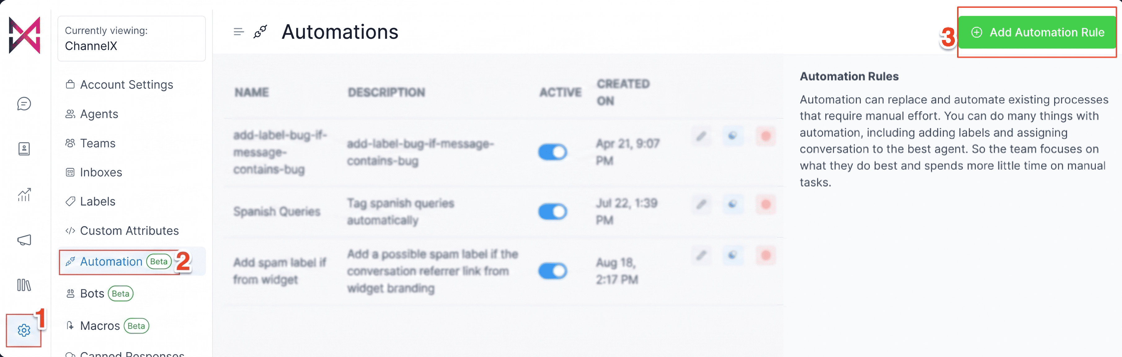 Adding a new automation rule in ChannelX